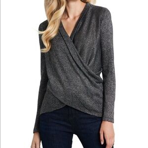 New 1. State Draped Cross Front Metallic Blouse in Rich Black